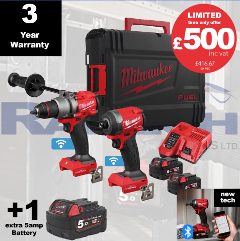 Milwaukee M18 ONEPP2A3-502X 18V One-Key™ Impact Driver &amp; Combi Drill Twin Pack with 2x 5.0Ah Batteries + Free Battery