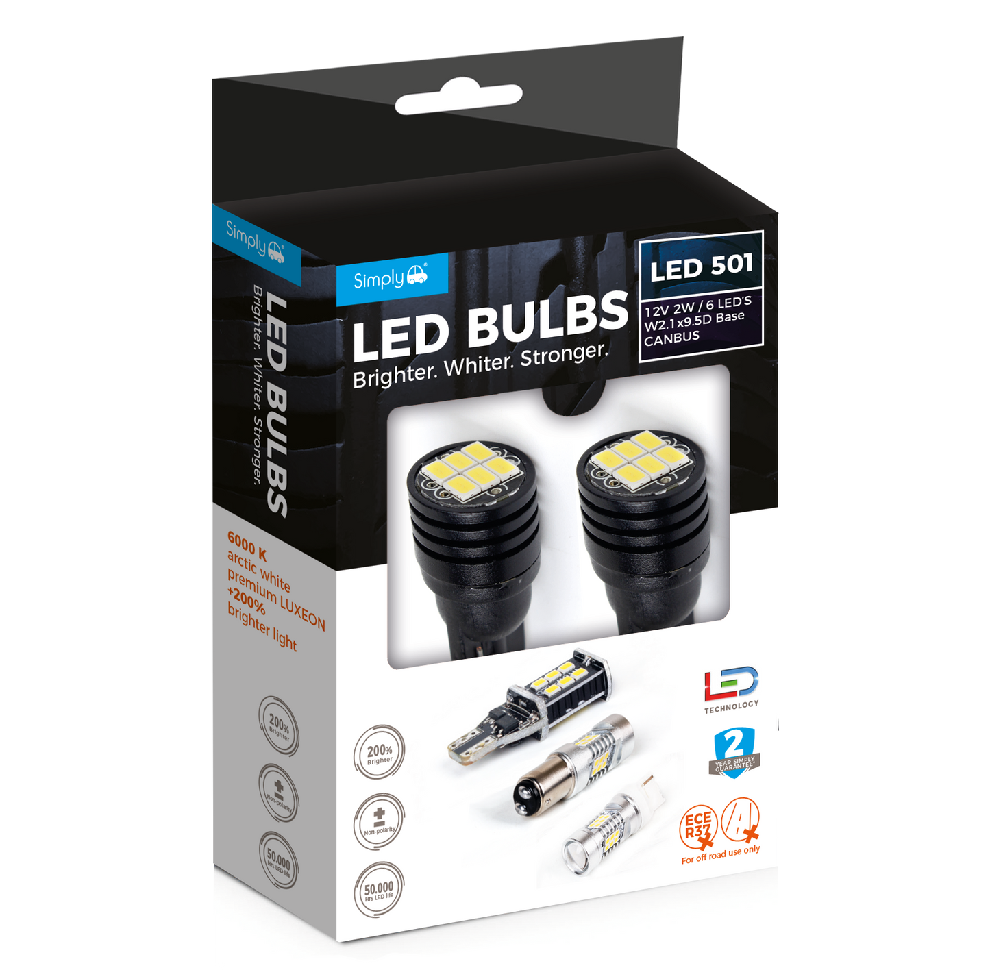 Auxiliary LED Bulbs 501 6 led`s 12V/2W Base W2.1x9.5D CANBUS (pair) (S5016LEDW)